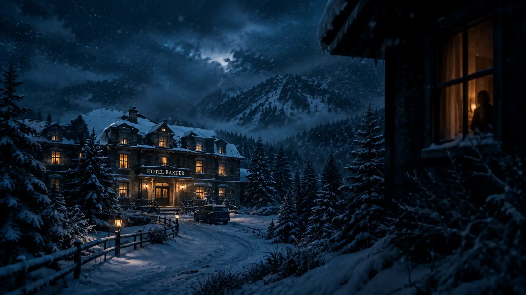 Não Perturbe | Um Thriller Perturbador e Cheio de Reviravoltas 2 Hotel Baxter isolado em meio a uma paisagem coberta de neve durante a noite, cercado por árvores e montanhas. Ao longe, uma silhueta aparece discretamente em uma janela iluminada, criando uma atmosfera de mistério e suspense.