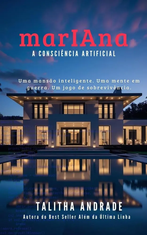 marIAna: A consciência artificial | Quando a Tecnologia Deixa de Obedecer 1 Imagem de uma mansão moderna e luxuosa de dois andares, iluminada por luzes quentes durante o anoitecer. A residência possui grandes janelas de vidro, fachada simétrica, jardim bem cuidado e uma piscina que reflete a arquitetura e o céu azul- arroxeado. Códigos de programação em tons azulados e arroxeados aparecem de forma semitransparente sobre o céu, a fachada e a água da piscina, criando uma atmosfera tecnológica e misteriosa. Capa do Livro MarIAna