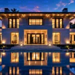 Imagem em formato horizontal de uma mansão moderna e luxuosa de dois andares, iluminada por luzes quentes durante o anoitecer. A residência possui grandes janelas de vidro, fachada simétrica, jardim bem cuidado e uma piscina que reflete a arquitetura e o céu azul- arroxeado. Códigos de programação em tons azulados e arroxeados aparecem de forma semitransparente sobre o céu, a fachada e a água da piscina, criando uma atmosfera tecnológica e misteriosa.