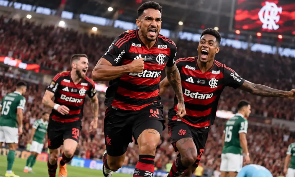 Danilo e Bruno Henrique comemorando gol do Flamengo contra o Palmeiras