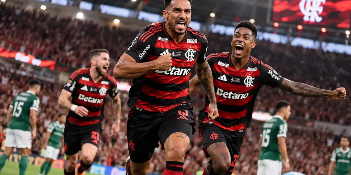 Danilo e Bruno Henrique comemorando gol do Flamengo contra o Palmeiras