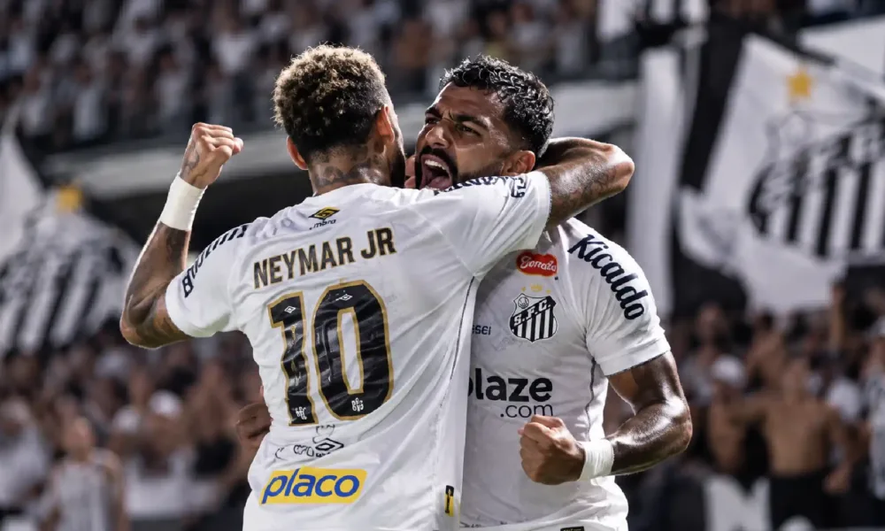 Neymar e Gabigol comemorando gol pelo Santos Brasileirão